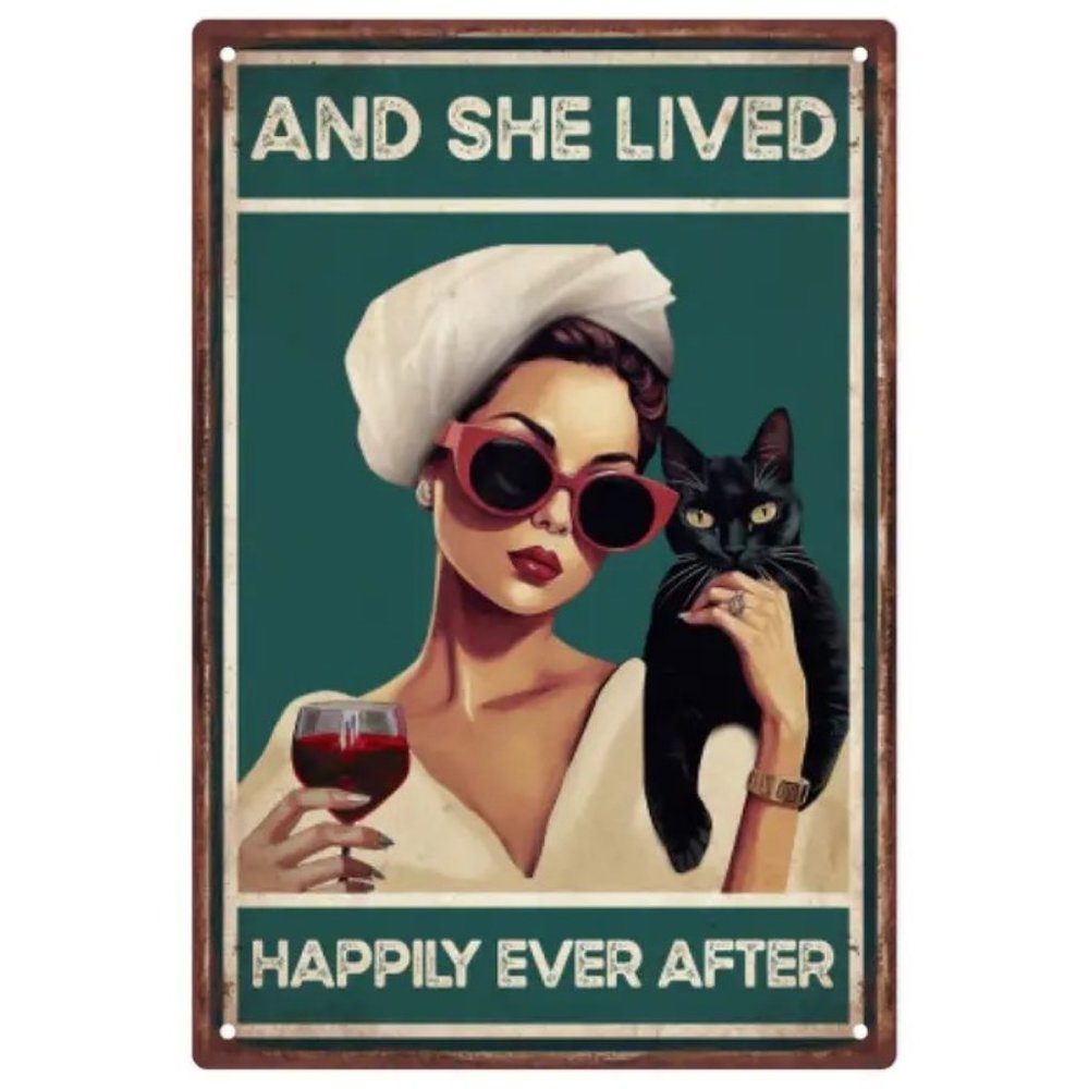 Metal Sign, Vintage Look - And She Lived Happily Ever After -Woman and Black Cat